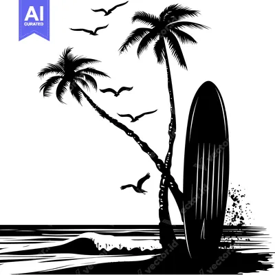 Aset desain premium: Black and White Illustration of Palm Trees, a Surfboard, and Birds on