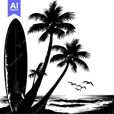 Aset premium populer: Black and White Silhouette of a Surfboard Leaning Against Palm Trees o