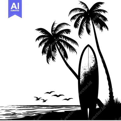 Aset desain premium: Black and White Silhouette of Palm Trees and a Surfboard on the Beach