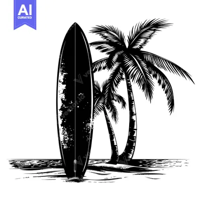 Aset desain premium: A Surfboard Leaning Against Palm Trees on a Beach