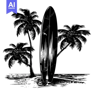 Aset premium populer: Black and White Illustration of a Surfboard with Palm Trees
