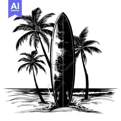 Premium design asset: Surfboard Standing Tall Amidst Palm Trees and Ocean Waves