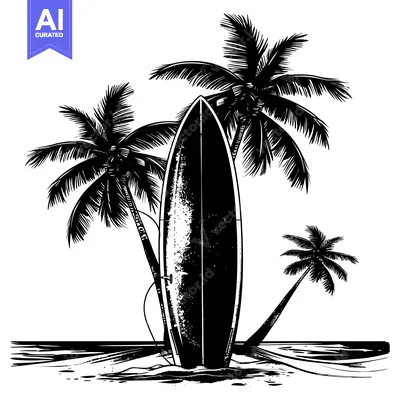 Premium design asset: Surfboard Leaning Against Three Palm Trees on a Beach