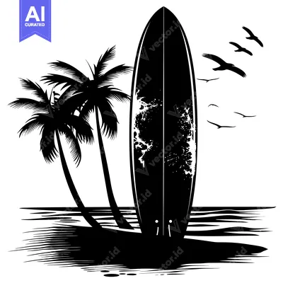 Popular premium asset: Surfboard Standing by Palm Trees on a Beach with Birds Flying Above