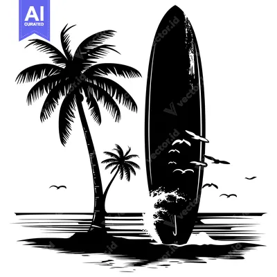 Aset premium populer: A Surfboard Standing by a Palm Tree on a Beach