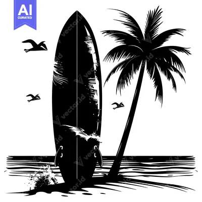 Aset desain premium: Surfboard on Beach with Palm Tree and Birds Flying