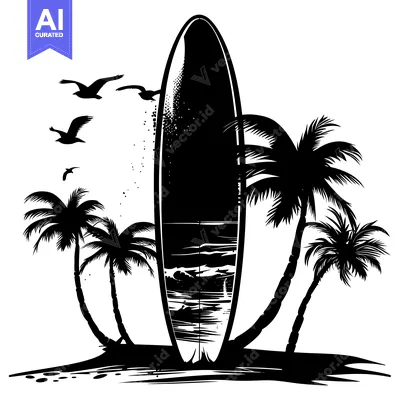 Silhouette of a surfboard standing upright with palm trees and seagull