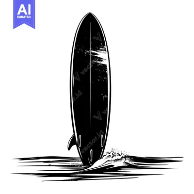Aset premium populer: Black and White Illustration of a Surfboard in the Ocean