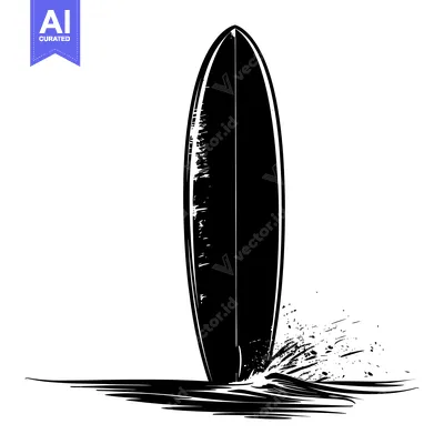 Popular premium asset: A black and white silhouette of a surfboard in the ocean with a splash