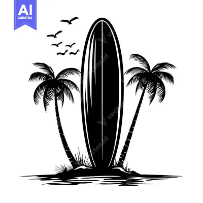 Aset desain premium: Black and White Illustration of a Surfboard Standing Between Two Palm