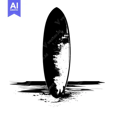 Aset desain premium: Black and White Illustration of a Surfboard on the Beach