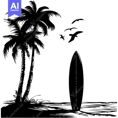 Aset premium populer: Silhouette of Palm Trees, Surfboard, and Seagulls on a Beach
