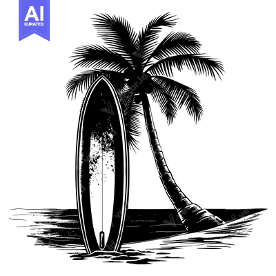 Aset premium populer: Palm Tree and Surfboard on a Beach in Black and White