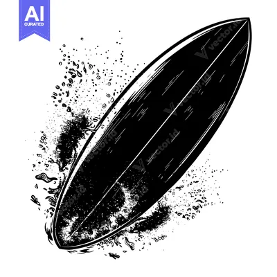 Aset premium populer: Black and White Illustration of a Surfboard Cutting Through Water