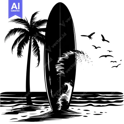 Aset premium populer: Black and White Illustration of a Surfboard in the Ocean