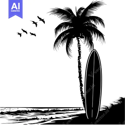 Aset desain premium: Silhouette of a Palm Tree, Surfboard, and Birds on a Beach