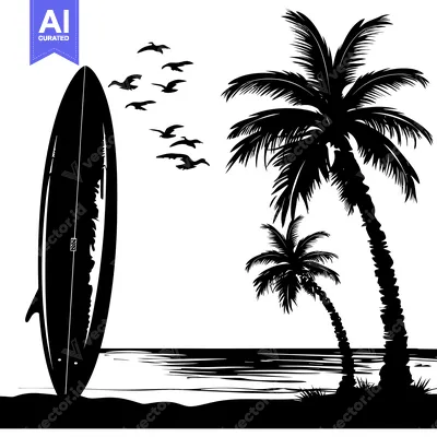 Aset premium populer: Silhouette of a Surfboard, Palm Trees, and Birds Flying Over the Ocean