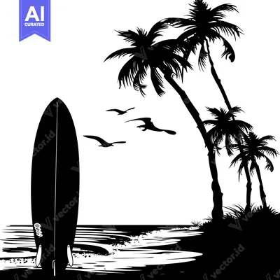 Aset desain premium: Black and White Silhouette of a Surfboard on the Beach with Palm Trees
