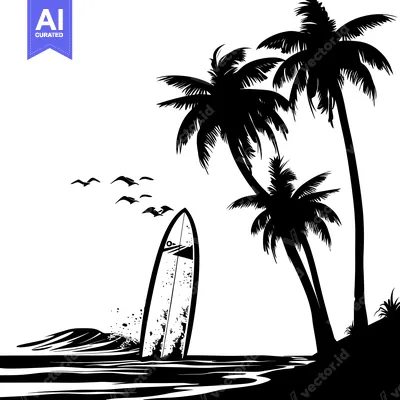 Aset desain premium: Silhouette of a Surfboard Standing Upright in the Ocean with Palm Tree