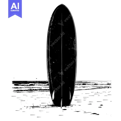 Aset desain premium: Black and White Illustration of a Surfboard on the Beach