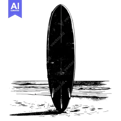 Aset desain premium: Black and White Illustration of a Surfboard on a Beach