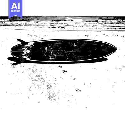 Aset desain premium: Black and White Illustration of a Surfboard on a Beach