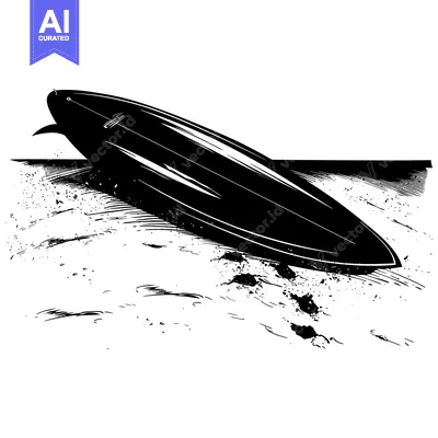 Black and White Illustration of a Surfboard on Sand