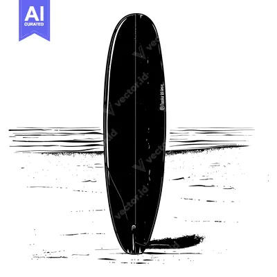 Aset desain premium: Black and White Illustration of a Surfboard on a Beach