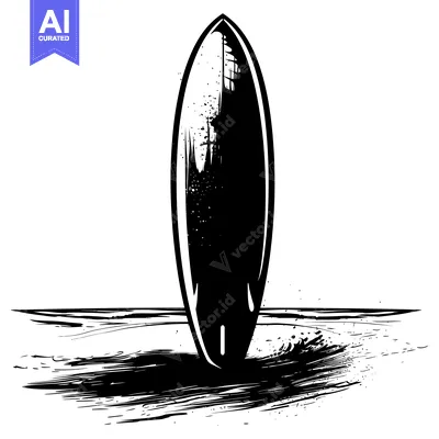 Premium design asset: Black and White Illustration of a Surfboard Standing Upright on a Beac