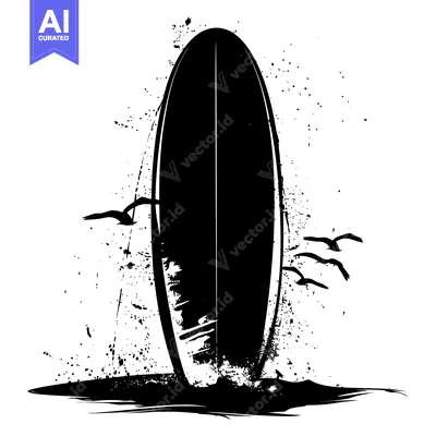 Aset premium populer: Silhouette of a surfboard with seagulls and water splash