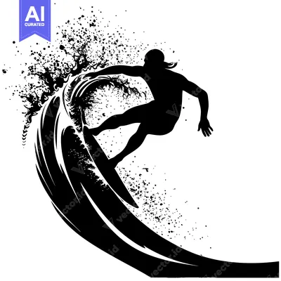 Silhouette of a Surfer Riding a Wave with Splashing Water
