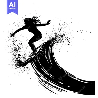 Silhouette of a Female Surfer Riding a Wave