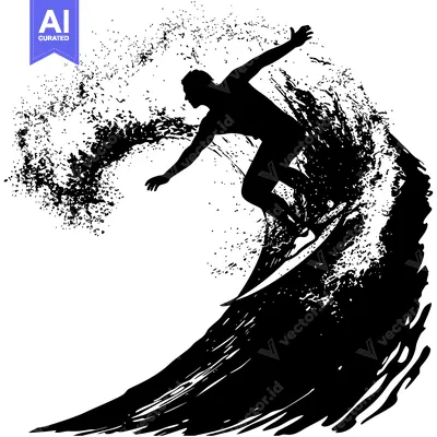 Silhouette of a Surfer Riding a Large Wave