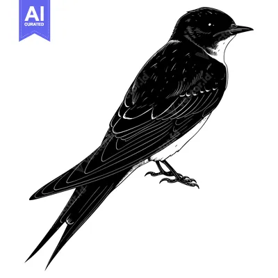 Aset desain premium: Black and White Line Drawing of a Swallow