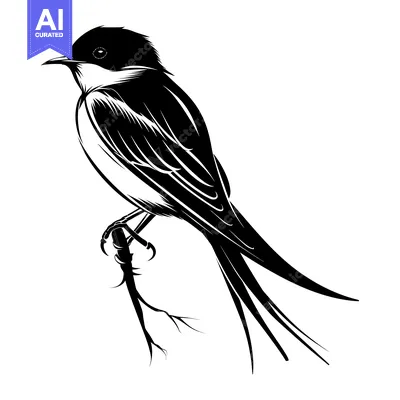Aset premium populer: Black and White Illustration of a Swallow Perched on a Branch