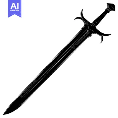 Aset desain premium: Black and White Illustration of a Sword with a Curved Hilt