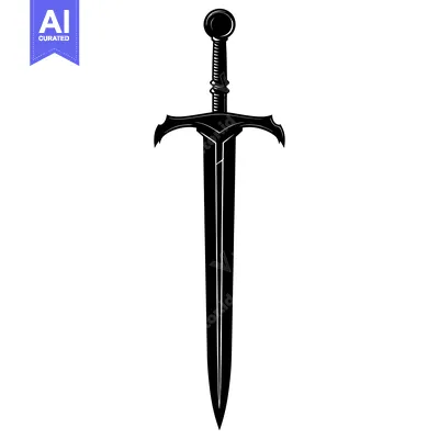 Aset desain premium: A Black and White Illustration of a Sword with a Rounded Pommel