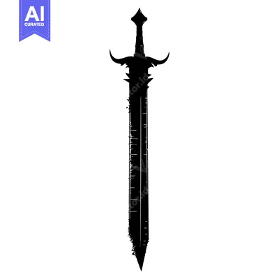 Aset desain premium: Black and white silhouette of a fantasy sword with intricate details.