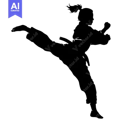 Aset premium populer: Silhouette of a Woman Practicing Martial Arts with a High Kick