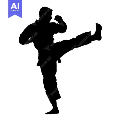 Aset premium populer: Silhouette of a man in a martial arts stance performing a kick