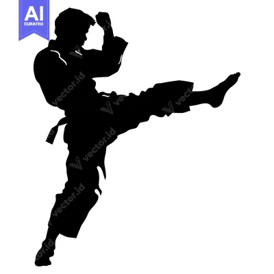 Aset desain premium: Silhouette of a martial artist in mid-kick, displaying power and grace