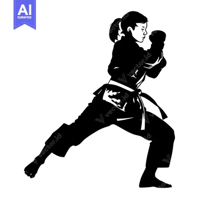 Aset premium populer: Silhouette of a Female Martial Arts Practitioner in a Fighting Stance