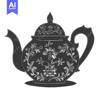 Aset desain premium: Ornate Black and White Teapot with Floral Design