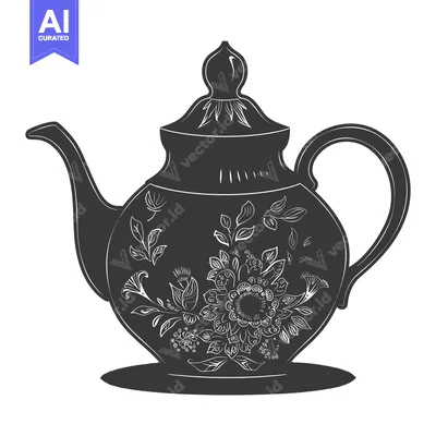 Aset premium populer: A Black and White Illustration of a Teapot Decorated with Floral Motif