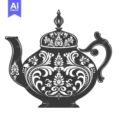Aset desain premium: Ornate Black and White Teapot with Floral Pattern