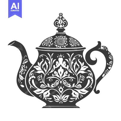 Premium design asset: Ornate Black and White Teapot with Floral Design