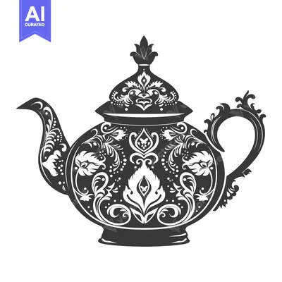 Aset premium populer: Ornate Black and White Teapot with Floral Design