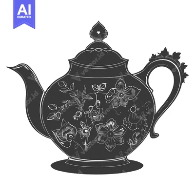 Aset desain premium: Black and White Illustration of a Teapot with Floral Design