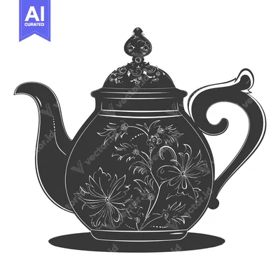 Aset desain premium: Ornate Black and White Teapot with Floral Designs