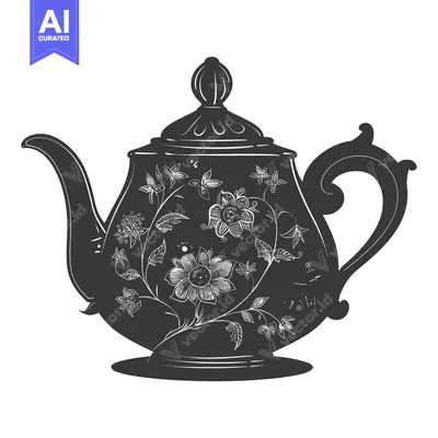 Premium design asset: Ornate Black and White Teapot with Floral Design